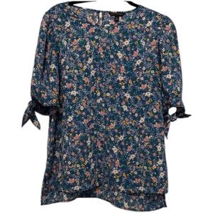 Banana Republic Floral Print Tie Sleeve Blouse Top Navy Pink Yellow Size M‎